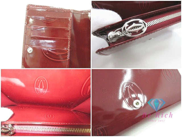 カルティエ Cartier 二つ折り財布 ハッピーバースデー ボルドー パテント レザー エナメル ロゴ 中財布 コンパクト ミディアム ウォレット  【中古】【送料無料】 bs4076