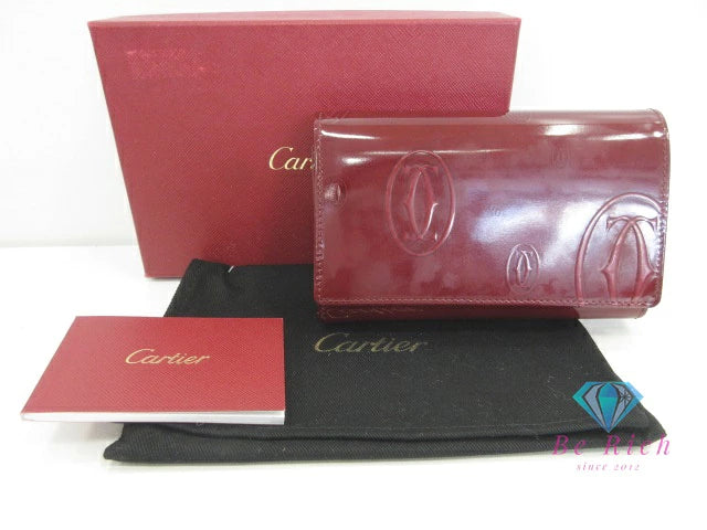カルティエ Cartier 二つ折り財布 ハッピーバースデー ボルドー パテント レザー エナメル ロゴ 中財布 コンパクト ミディアム ウォレット  【中古】【送料無料】 bs4076