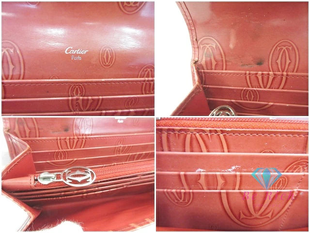 カルティエ Cartier 二つ折り財布 L3001252 ハッピーバースデー パテント レザー エナメル 赤 サーモン レッド ロゴ 中財布 コンパクト ミディアム ウォレット  【中古】【送料無料】 bs4103