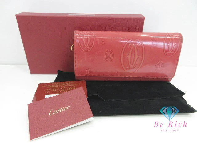 カルティエ Cartier 二つ折り財布 L3001252 ハッピーバースデー パテント レザー エナメル 赤 サーモン レッド ロゴ 中財布 コンパクト ミディアム ウォレット  【中古】【送料無料】 bs4103