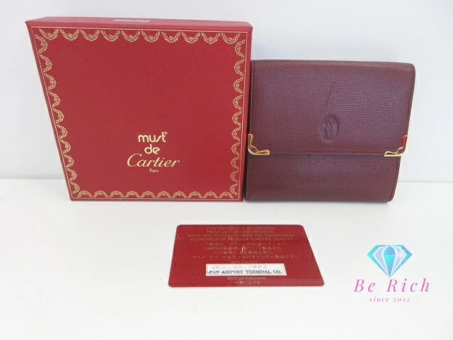Cartier 三つ折り財布 マスト ドゥ カルティエ ボルドー レザー ロゴ 二つ折り財布 コンパクト ウォレット  【中古】【送料無料】 bs4114