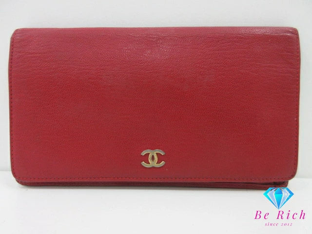 シャネル 二つ折り 長財布 赤 レッド レザー ココマーク ロゴ ロング ウォレット CHANEL 【中古】【送料無料】 bs4118