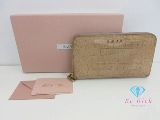 ミュウミュウ miumiu 二つ折り財布 ラウンド ファスナー 長財布 5ML506 クロコ フュ型押し ベージュ レザー ロゴ ロング ウォレット  【中古】【送料無料】 bs4132
