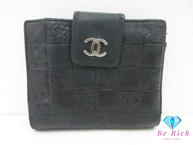 シャネル CHANEL Wホック 二つ折り財布 アイコン 黒 ブラック レザー ココ マーク ロゴ コンパクト ウォレット 【中古】【送料無料】bs4139