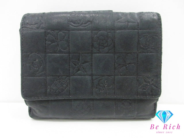 シャネル CHANEL Wホック 二つ折り財布 アイコン 黒 ブラック レザー ココ マーク ロゴ コンパクト ウォレット 【中古】【送料無料】bs4139