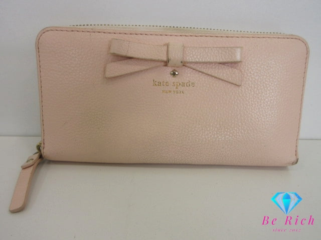 ケイトスペード kate spade ラウンド ファスナー 長財布 PWRU4436 ピンク レザー リボン ロゴ 二つ折り財布 ロング ウォレット  【中古】【送料無料】 bs4150