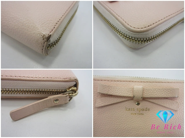 ケイトスペード kate spade ラウンド ファスナー 長財布 PWRU4436 ピンク レザー リボン ロゴ 二つ折り財布 ロング ウォレット  【中古】【送料無料】 bs4150