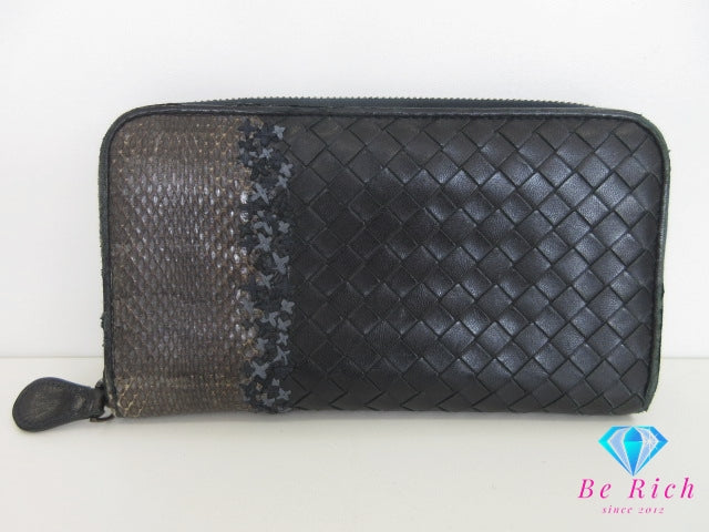 ボッテガ ヴェネタ BOTTEGA VENETA ラウンド ファスナー 長財布 イントレチャート パイソン レザー 黒 ブラック ブラウン 茶 ロゴ 二つ折り財布 ロング ウォレット 【中古】【送料無料】bs4156
