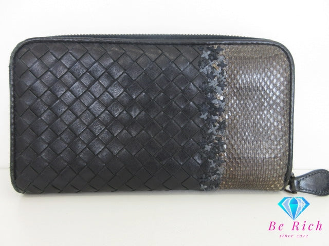 ボッテガ ヴェネタ BOTTEGA VENETA ラウンド ファスナー 長財布 イントレチャート パイソン レザー 黒 ブラック ブラウン 茶 ロゴ 二つ折り財布 ロング ウォレット 【中古】【送料無料】bs4156