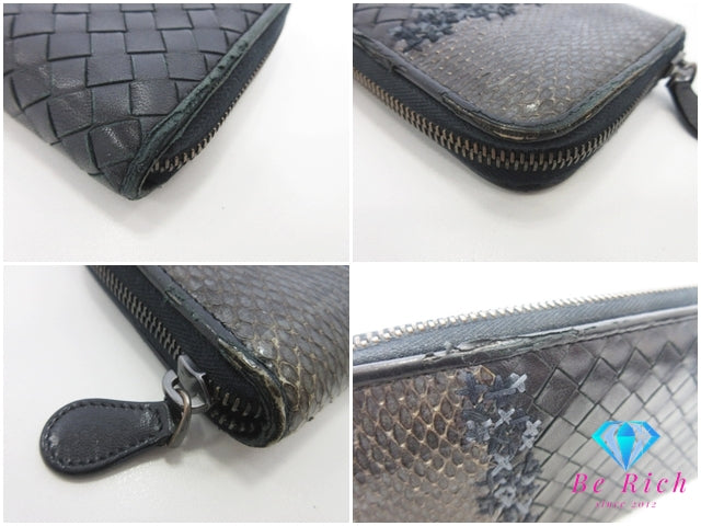 ボッテガ ヴェネタ BOTTEGA VENETA ラウンド ファスナー 長財布 イントレチャート パイソン レザー 黒 ブラック ブラウン 茶 ロゴ 二つ折り財布 ロング ウォレット 【中古】【送料無料】bs4156