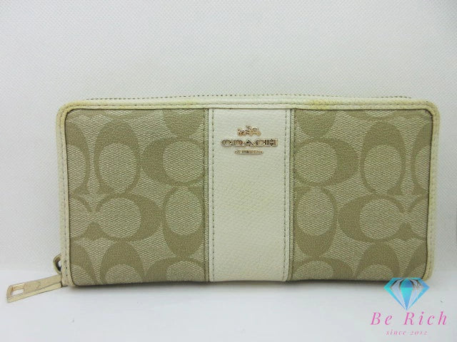 コーチ COACH ラウンド ファスナー 長財布 F52859 シグネチャー ベージュ ホワイト 白 PVC レザー ロゴ 二つ折り財布 ロング ウォレット 【中古】【送料無料】 bs4158