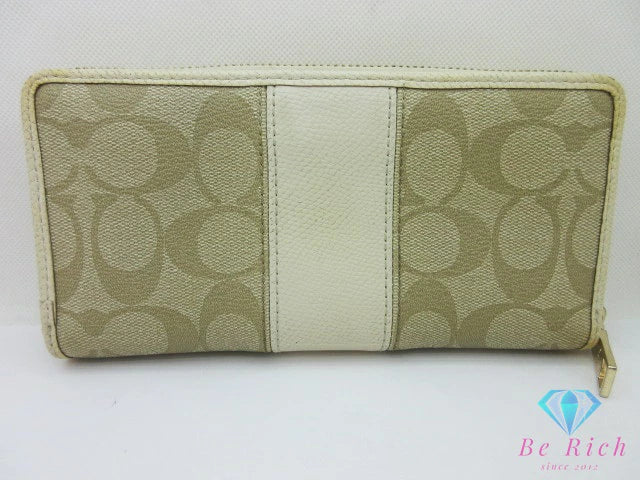 コーチ COACH ラウンド ファスナー 長財布 F52859 シグネチャー ベージュ ホワイト 白 PVC レザー ロゴ 二つ折り財布 ロング ウォレット 【中古】【送料無料】 bs4158