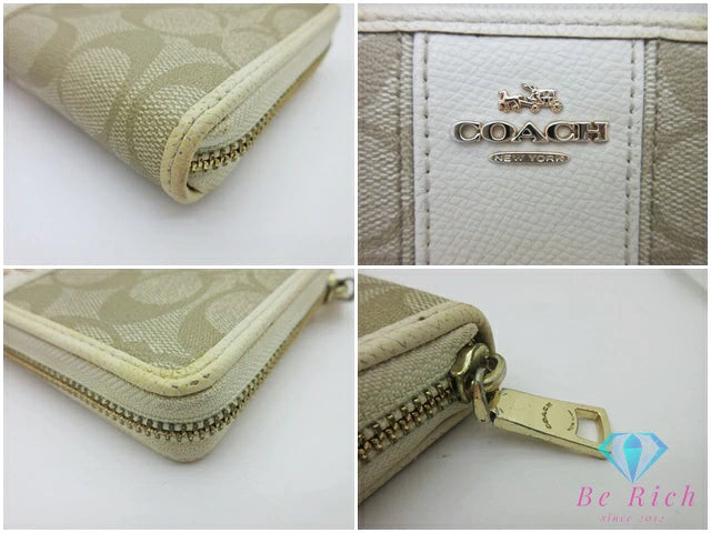 コーチ COACH ラウンド ファスナー 長財布 F52859 シグネチャー ベージュ ホワイト 白 PVC レザー ロゴ 二つ折り財布 ロング ウォレット 【中古】【送料無料】 bs4158