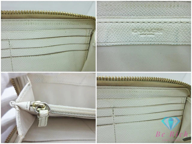 コーチ COACH ラウンド ファスナー 長財布 F52859 シグネチャー ベージュ ホワイト 白 PVC レザー ロゴ 二つ折り財布 ロング ウォレット 【中古】【送料無料】 bs4158