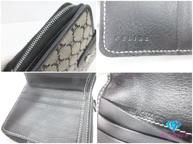 セリーヌ CELINE 二つ折り財布 マカダム ブラック 黒 グレー キャンバス レザー ロゴ コンパクト ウォレット  【中古】【送料無料】 bs4162
