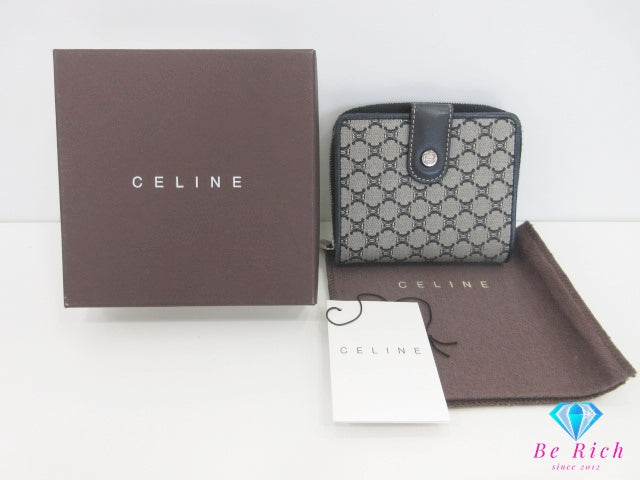セリーヌ CELINE 二つ折り財布 マカダム ブラック 黒 グレー キャンバス レザー ロゴ コンパクト ウォレット  【中古】【送料無料】 bs4162
