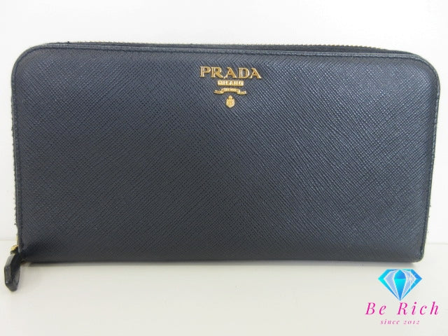 プラダ PRADA ラウンドファスナー 長財布 1ML506 サフィアーノ レザー ネイビー 紺 三角 ロゴ 二つ折り財布 ロング ウォレット 【中古】【送料無料】bs4163