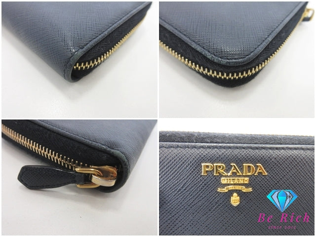 プラダ PRADA ラウンドファスナー 長財布 1ML506 サフィアーノ レザー ネイビー 紺 三角 ロゴ 二つ折り財布 ロング ウォレット 【中古】【送料無料】bs4163