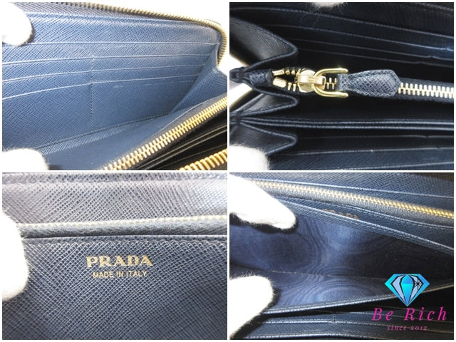 プラダ PRADA ラウンドファスナー 長財布 1ML506 サフィアーノ レザー ネイビー 紺 三角 ロゴ 二つ折り財布 ロング ウォレット 【中古】【送料無料】bs4163