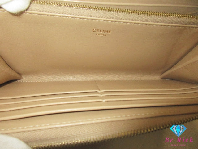 セリーヌ CELINE キルティング レザー ラウンド ファスナー 長財布 グレージュ C ロゴ 二つ折り財布 ロング ウォレット 【中古】【送料無料】 bs4192