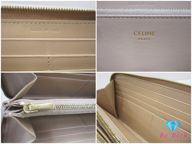 セリーヌ CELINE キルティング レザー ラウンド ファスナー 長財布 グレージュ C ロゴ 二つ折り財布 ロング ウォレット 【中古】【送料無料】 bs4192