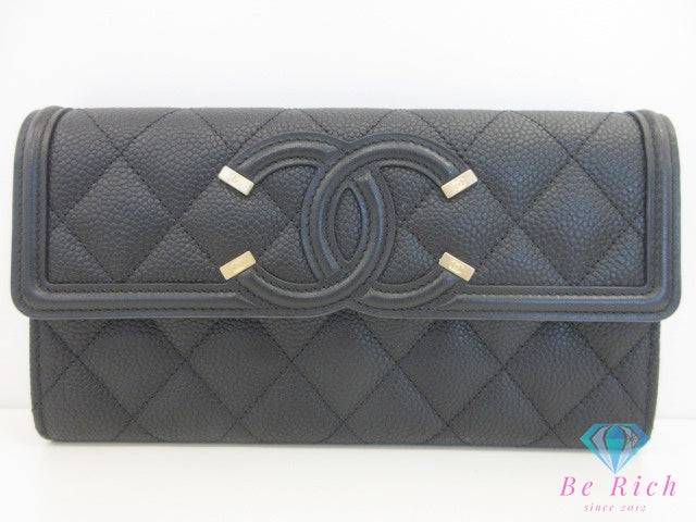 美品 シャネル CHANEL マトラッセ CC フィリグリー 二つ折り財布 長財布 A84448 ブラック 黒 キャビアスキン レザー ココマーク CC ロゴ ロング ウォレット 【中古】【送料無料】  bs4196
