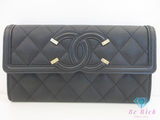 美品 シャネル CHANEL マトラッセ CC フィリグリー 二つ折り財布 長財布 A84448 ブラック 黒 キャビアスキン レザー ココマーク CC ロゴ ロング ウォレット 【中古】【送料無料】  bs4196