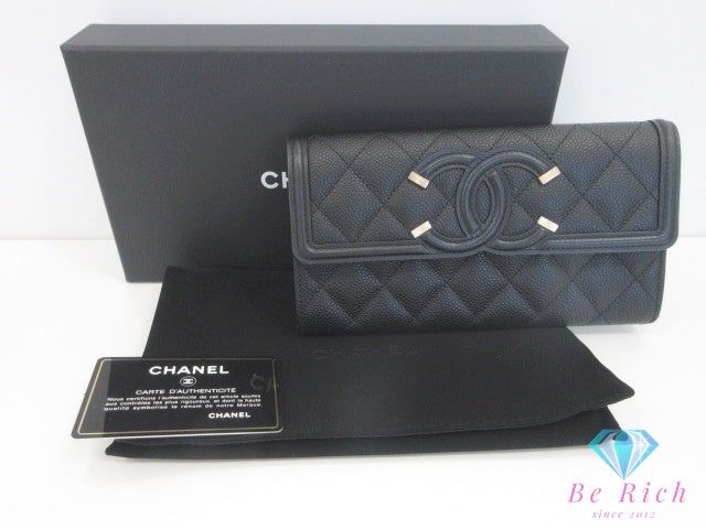 美品 シャネル CHANEL マトラッセ CC フィリグリー 二つ折り財布 長財布 A84448 ブラック 黒 キャビアスキン レザー ココマーク CC ロゴ ロング ウォレット 【中古】【送料無料】  bs4196