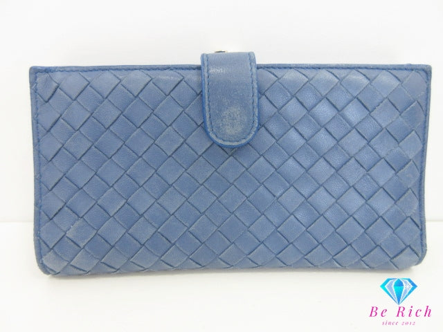 ボッテガヴェネタ BOTTEGA VENETA がま口 二つ折り 財布 長財布 121062 イントレチャート レザー ブルー 青 ロング ウォレット  【中古】【送料無料】bs4202
