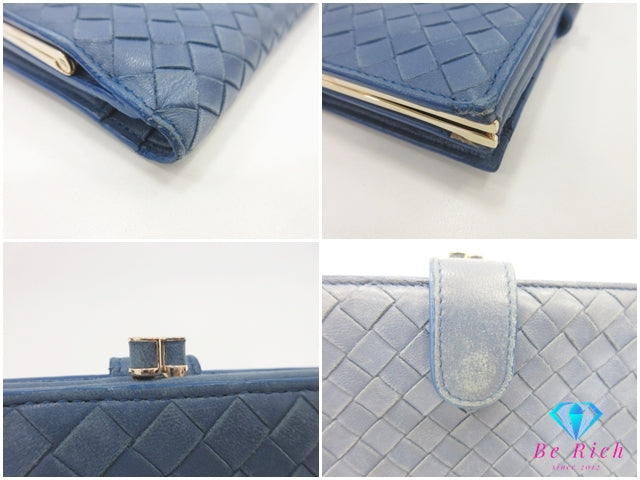 ボッテガヴェネタ BOTTEGA VENETA がま口 二つ折り 財布 長財布 121062 イントレチャート レザー ブルー 青 ロング ウォレット  【中古】【送料無料】bs4202