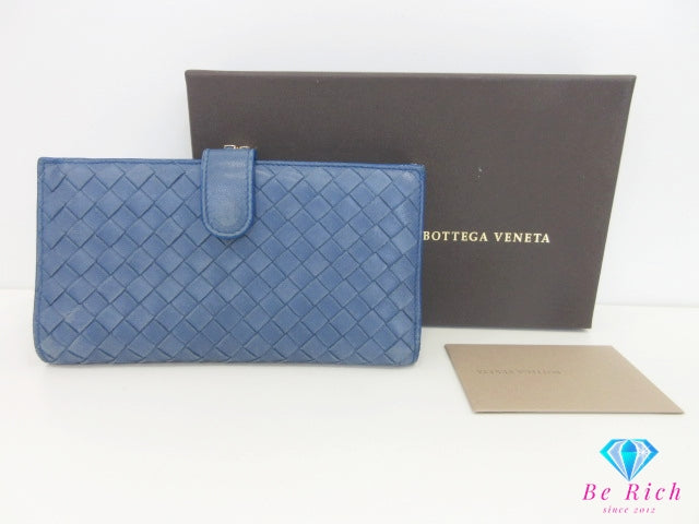 ボッテガヴェネタ BOTTEGA VENETA がま口 二つ折り 財布 長財布 121062 イントレチャート レザー ブルー 青 ロング ウォレット  【中古】【送料無料】bs4202