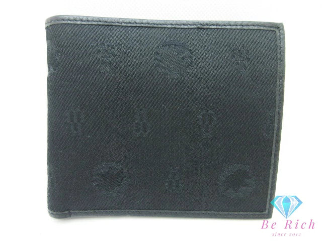 ハンティングワールド HUNTING WORLD 二つ折り財布キャンバス レザー 黒 ブラック ロゴ コンパクト ウォレット  【中古】【送料無料】 bs4208