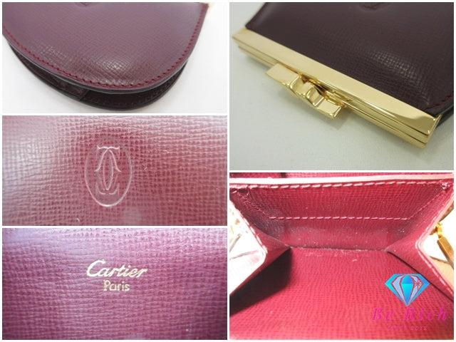 美品 カルティエ Cartier マスト ライン がま口 コインケース 小銭入れ ボルドー レザー ロゴ 財布 コンパクト ウォレット  【中古】【送料無料】 bs4222