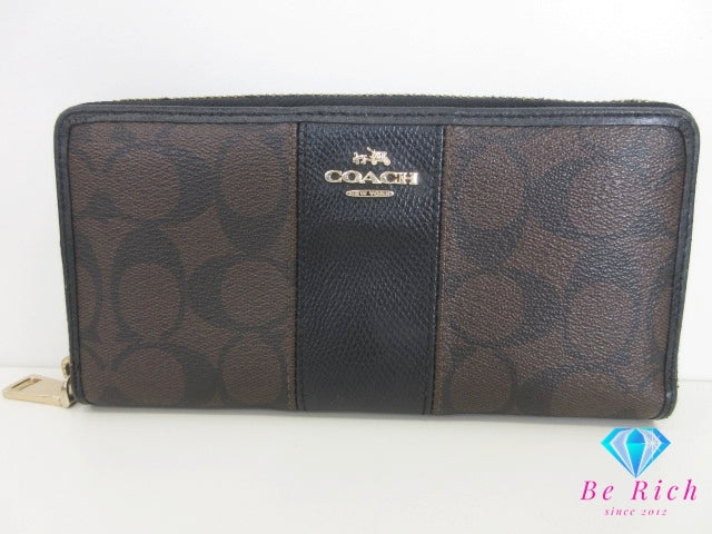 コーチ COACH ラウンド ファスナー 長財布 F54409 シグネチャー ブラウン ブラック 茶 黒 PVC レザー ロゴ 二つ折り財布 ロング ウォレット 【中古】【送料無料】 bs4236