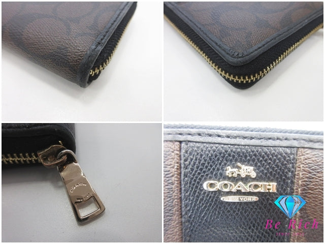 コーチ COACH ラウンド ファスナー 長財布 F54409 シグネチャー ブラウン ブラック 茶 黒 PVC レザー ロゴ 二つ折り財布 ロング ウォレット 【中古】【送料無料】 bs4236