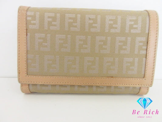 フェンディ FENDI 二つ折り財布 中財布 8M0029 ズッキーノ カーキ ベージュ キャンバス レザー ズッカ ロゴ ミディアム コンパクト ウォレット  【中古】【送料無料】 bs4241