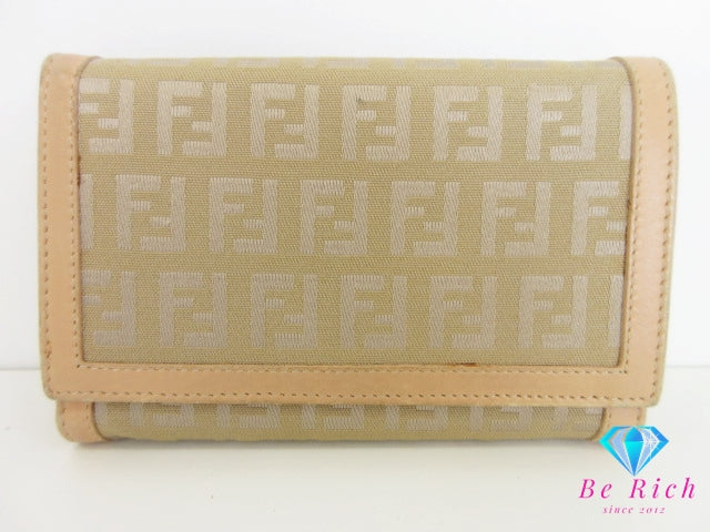 フェンディ FENDI 二つ折り財布 中財布 8M0029 ズッキーノ カーキ ベージュ キャンバス レザー ズッカ ロゴ ミディアム コンパクト ウォレット  【中古】【送料無料】 bs4241
