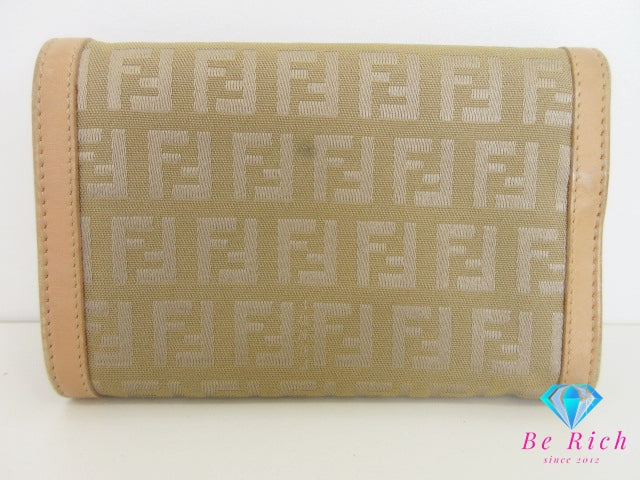 フェンディ FENDI 二つ折り財布 中財布 8M0029 ズッキーノ カーキ ベージュ キャンバス レザー ズッカ ロゴ ミディアム コンパクト ウォレット  【中古】【送料無料】 bs4241