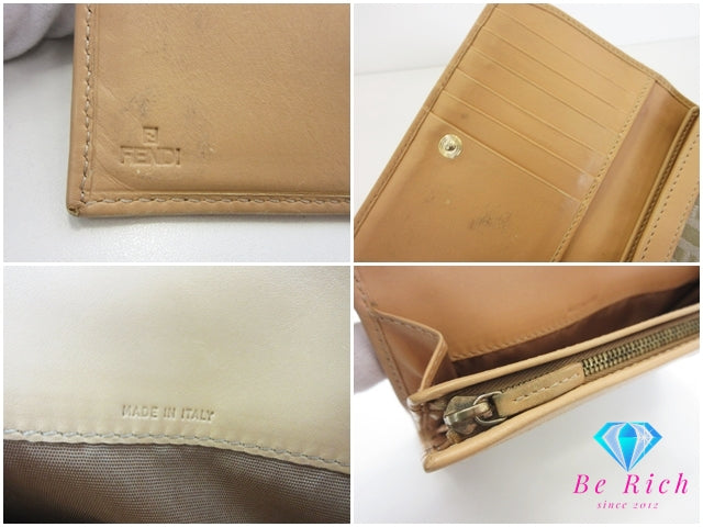 フェンディ FENDI 二つ折り財布 中財布 8M0029 ズッキーノ カーキ ベージュ キャンバス レザー ズッカ ロゴ ミディアム コンパクト ウォレット  【中古】【送料無料】 bs4241