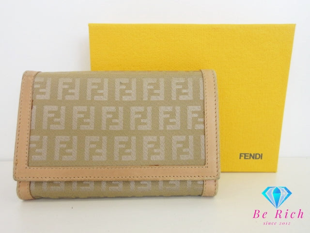 フェンディ FENDI 二つ折り財布 中財布 8M0029 ズッキーノ カーキ ベージュ キャンバス レザー ズッカ ロゴ ミディアム コンパクト ウォレット  【中古】【送料無料】 bs4241