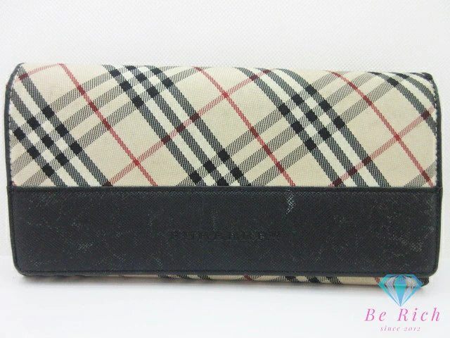 バーバリー BURBERRY 二つ折り 長財布 黒 ブラック マルチカラー チェック キャンバス レザー ロゴ 折り財布 ロング ウォレット 【中古】【送料無料】 bs4249