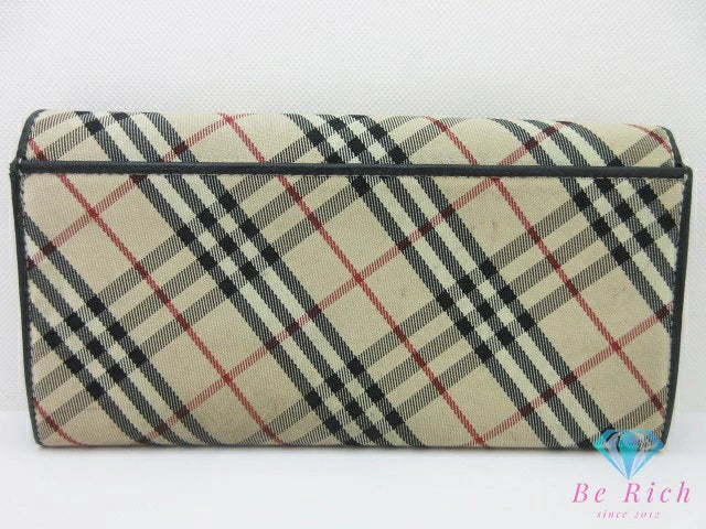 バーバリー BURBERRY 二つ折り 長財布 黒 ブラック マルチカラー チェック キャンバス レザー ロゴ 折り財布 ロング ウォレット 【中古】【送料無料】 bs4249