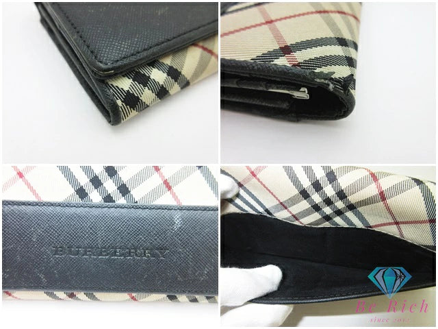 バーバリー BURBERRY 二つ折り 長財布 黒 ブラック マルチカラー チェック キャンバス レザー ロゴ 折り財布 ロング ウォレット 【中古】【送料無料】 bs4249