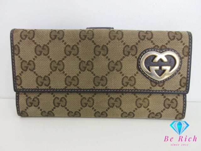 グッチ GUCCI Wホック 二つ折り財布 長財布 245723 GG ラブリー ハート カーキ ベージュ キャンバス レザー ロゴ ロング ウォレット 【中古】【送料無料】bs4257