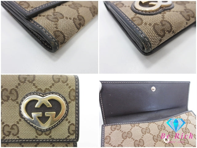 グッチ GUCCI Wホック 二つ折り財布 長財布 245723 GG ラブリー ハート カーキ ベージュ キャンバス レザー ロゴ ロング ウォレット 【中古】【送料無料】bs4257