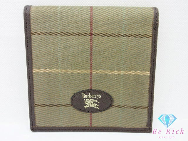バーバリー BURBERRY 二つ折り財布 緑 モスグリーン チェック柄 キャンバス レザー ロゴ コンパクト ウォレット 【中古】【送料無料】 bs4268