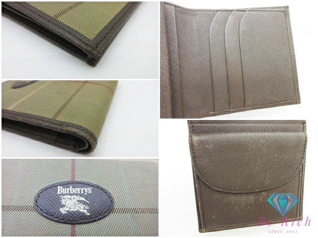 バーバリー BURBERRY 二つ折り財布 緑 モスグリーン チェック柄 キャンバス レザー ロゴ コンパクト ウォレット 【中古】【送料無料】 bs4268
