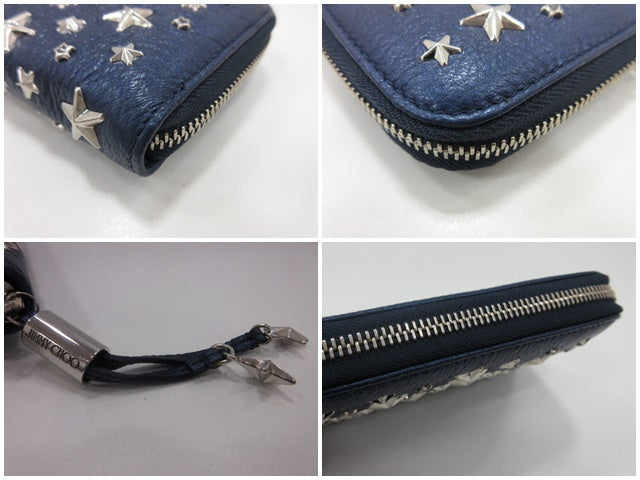 美品 ジミーチュウ ラウンドファスナー 長財布 J000026837001 フィリパ FILLPA スタッズ レザー ライトカーキ ゴールド JIMMY CHOO 【中古】【送料無料】 bs4269