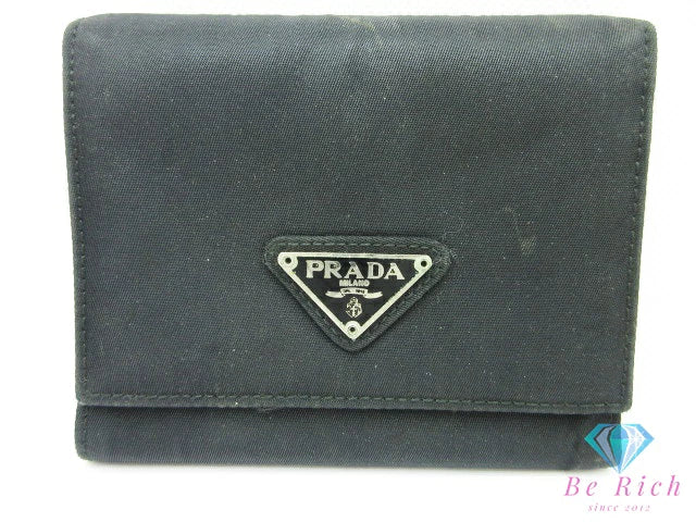プラダ 三つ折り 財布 ポコノ ナイロン レザー ブラック 黒 PRADA コンパクト ウォレット メンズ レディース 【中古】【送料無料】 bs4270