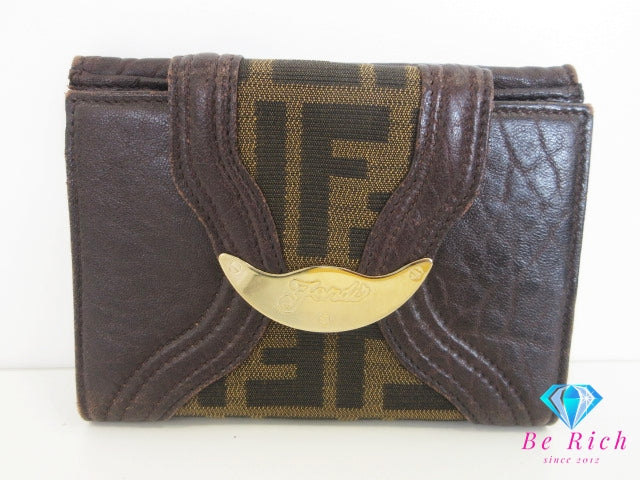 フェンディ FENDI 二つ折り財布 8M0160 ズッカ ブラウン 茶 ブラック 黒 キャンバス レザー コンパクト ウォレット 中財布  【中古】【送料無料】 bs4276